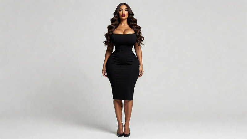 Curvy woman in a form-fitting black off-shoulder midi dress stands against a plain light gray stu...