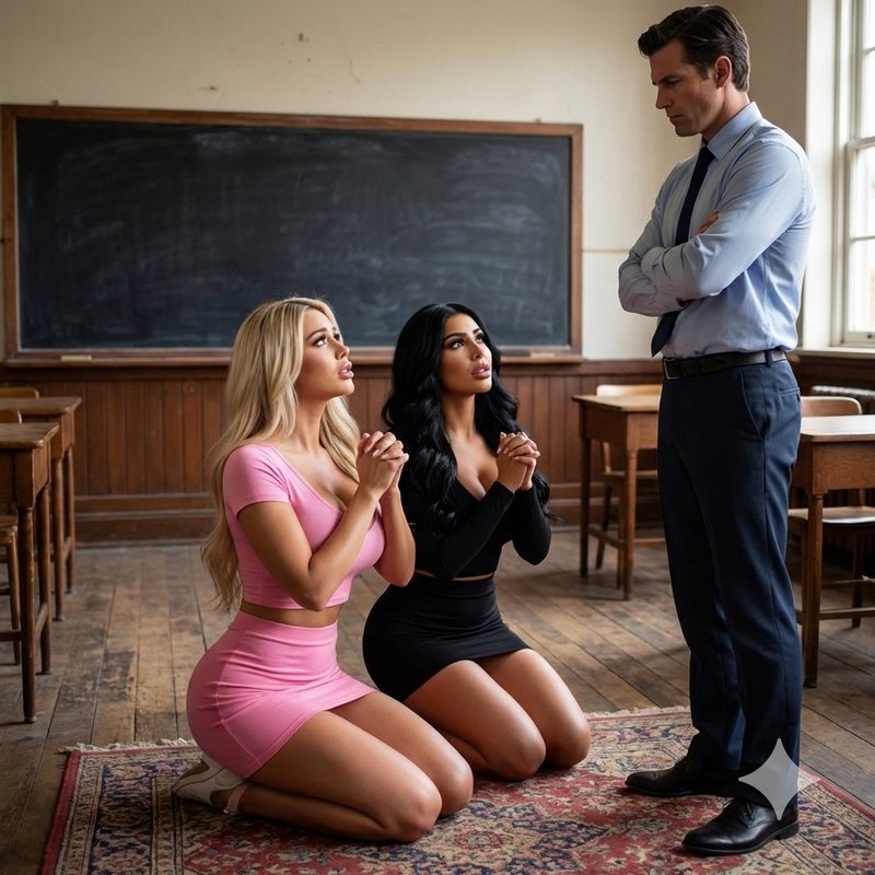 Two women kneel clasping their hands pleading to a standing man in a vintage school classroom