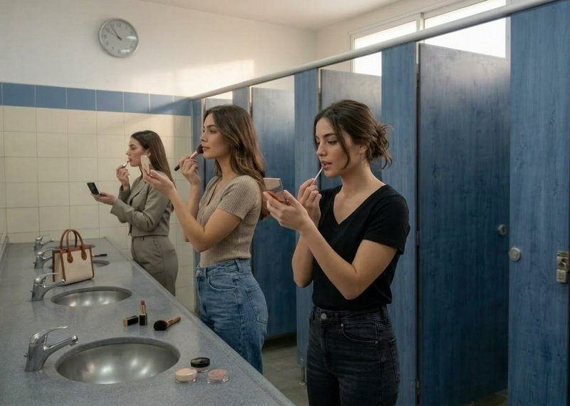 Three women apply makeup at a public office restroom sink, their reflections visible in the large...