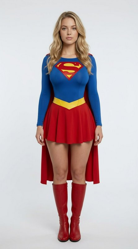 Blonde woman in a classic Supergirl superhero costume standing against a plain white studio backdrop