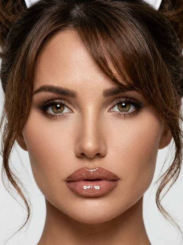 Close up studio portrait of a woman with glossy nude makeup, space bun hair, and warm hazel eyes