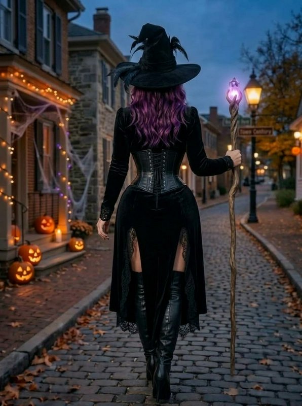 Back view of a purple-haired witch holding a glowing staff walking down a Halloween decorated cob...