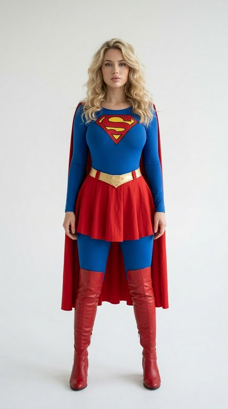 Blonde woman in a classic Supergirl superhero costume stands against a plain white studio backdrop