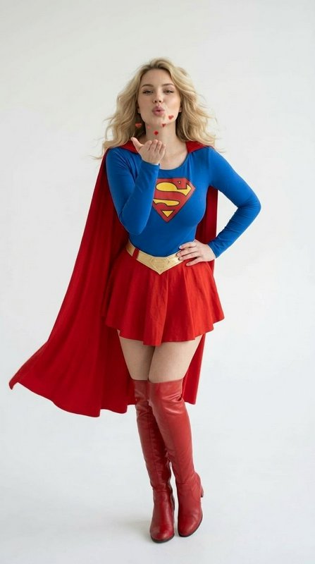 Woman in a Supergirl costume blowing a kiss with floating tiny hearts against a plain white studi...