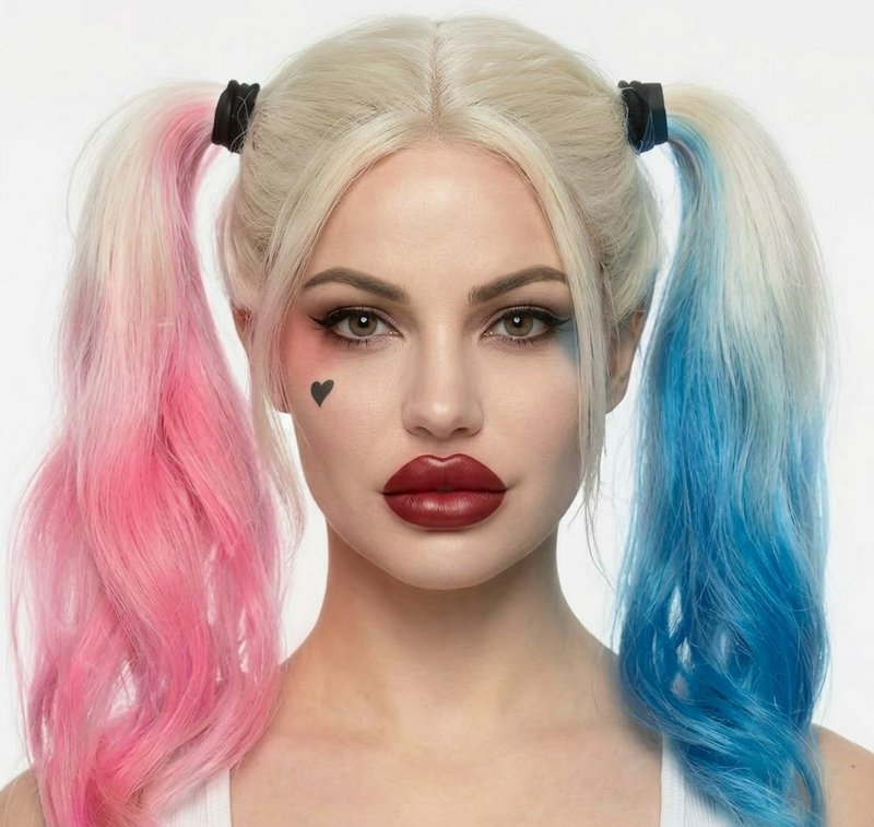 Woman in Harley Quinn cosplay with pink and blue gradient pigtail wig looks directly at the camera