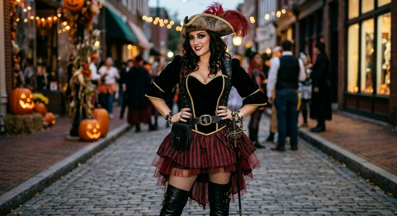 Woman in an ornate pirate costume poses on a cobblestone street at a Halloween festival