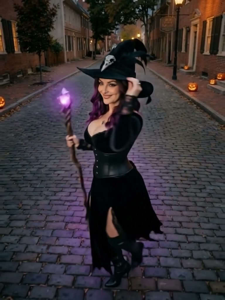 Smiling woman in a witch costume holds a glowing purple staff on a jack-o-lantern lined cobblesto...