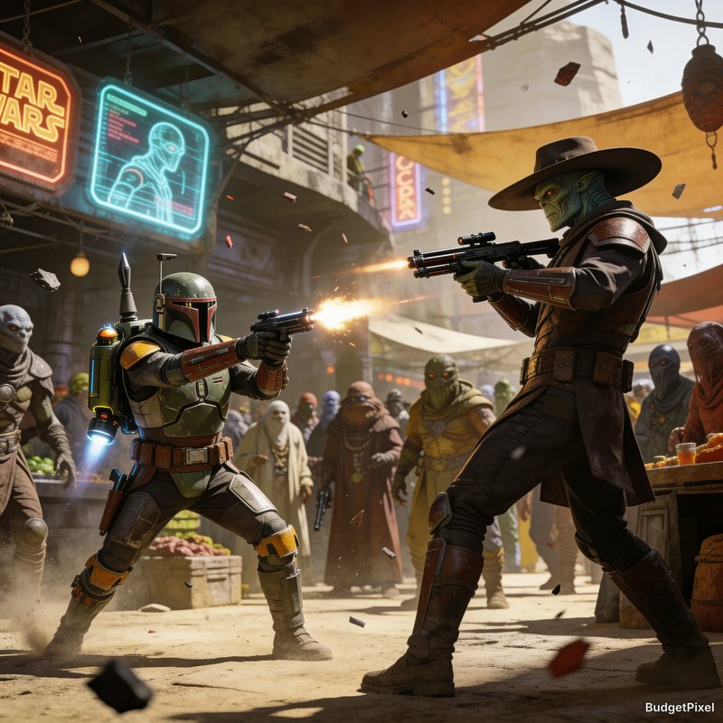 Boba Fett and Cad Bane exchange blaster fire in a tense shootout in a crowded Tatooine alien market
