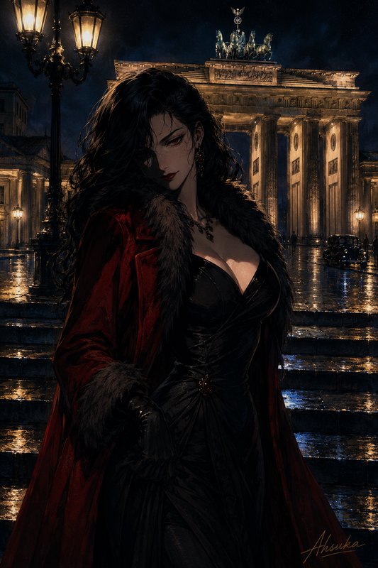 Striking dark-haired femme fatale in a fur-trimmed red coat stands before illuminated Brandenburg Gate on a rainy night