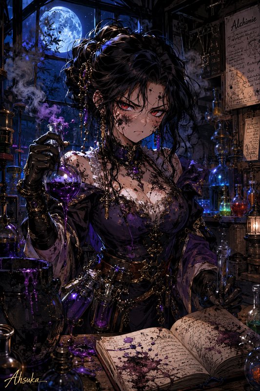 Fierce anime female alchemist holds a smoking purple potion in a cluttered moonlit gothic alchemy...