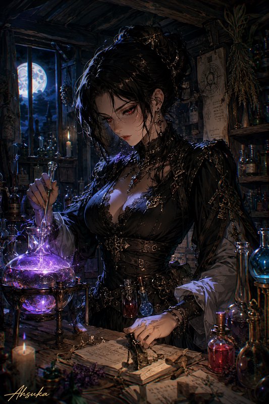 Dark fantasy alchemist woman stirs glowing purple potion in a cluttered moonlit apothecary cabin.