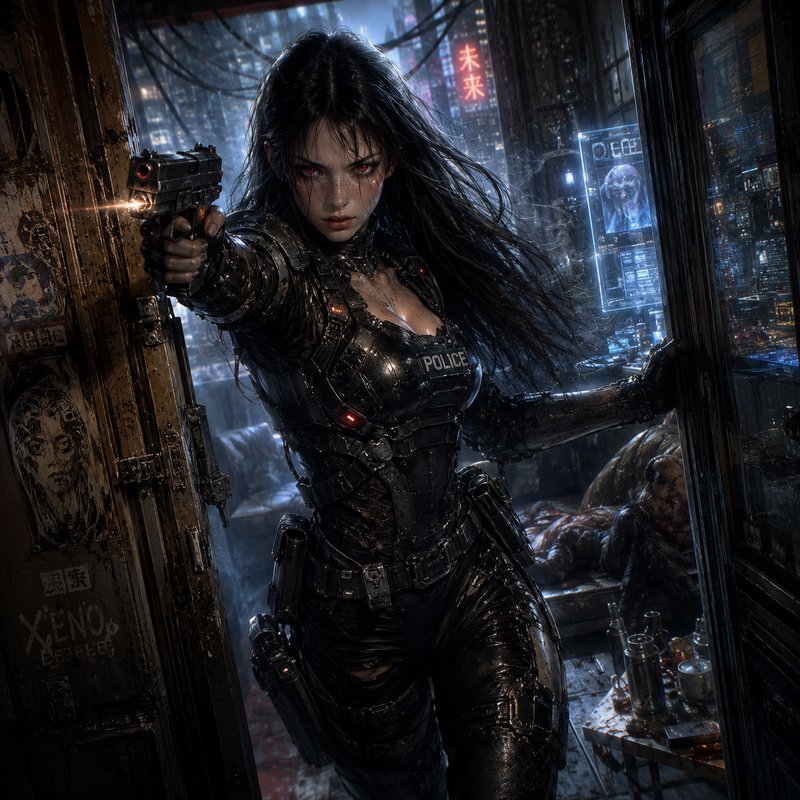 Cyberpunk female tactical police officer aims a handgun at the viewer while breaching a grimy neo...