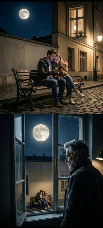 Vertical two-panel diptych: young couple sit on a moonlit street bench, an older man watches them...