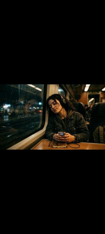 Young woman wearing headphones rests listening to music on a night train, window text reads "Some...