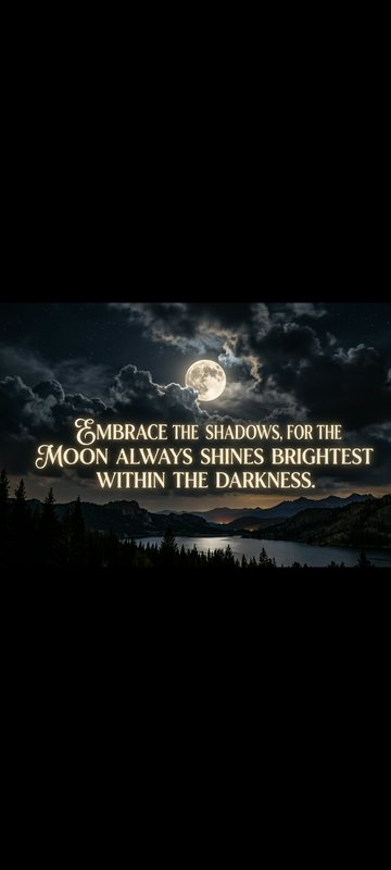 Glowing inspirational quote over moody full moon night landscape with cloudy sky, lake, and mount...