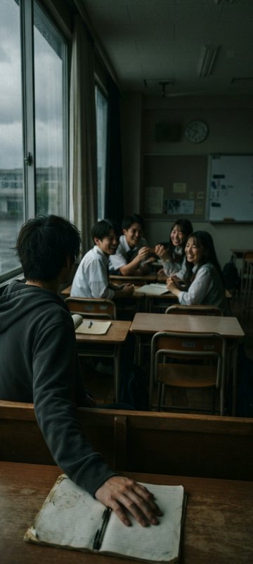 Lonely hooded student sits apart from laughing uniformed classmates in a gloomy overcast Japanese...