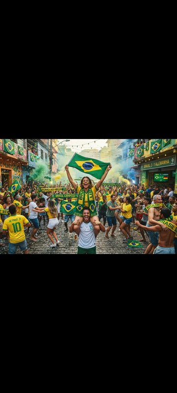 Ecstatic Brazilian soccer fans celebrate on a cobblestone street, with a woman on a man's shoulde...