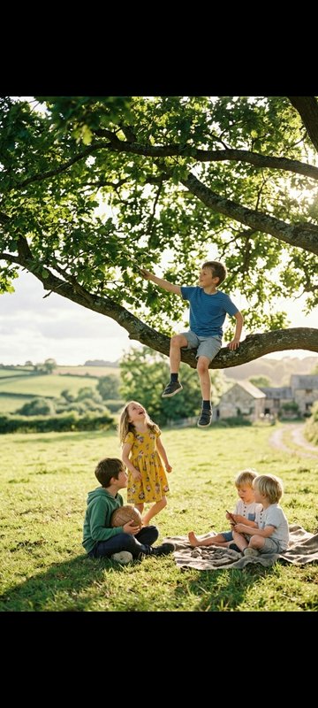 Group of young children playing outdoors, one boy perched on a low oak tree branch above friends ...