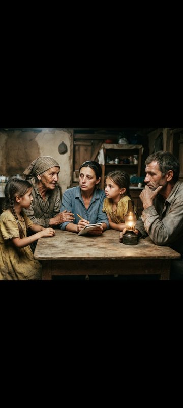 Multi-generational rural family gathers around a worn wooden cottage table lit by an oil lamp dur...