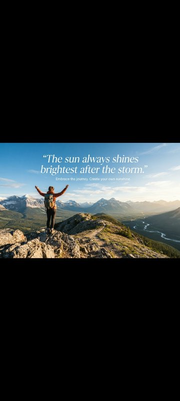 Hiker with outstretched arms stands on a rocky mountain peak, overlaid with a positive motivation...