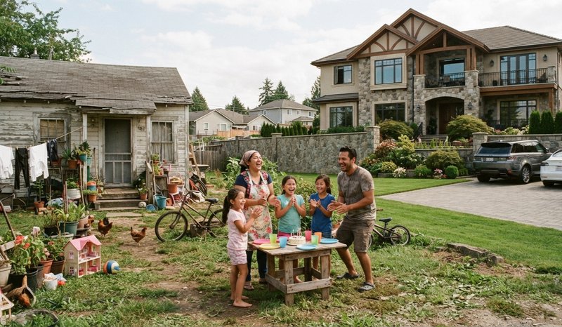 Laughing family of five claps around a backyard birthday table, between a weathered cottage and l...