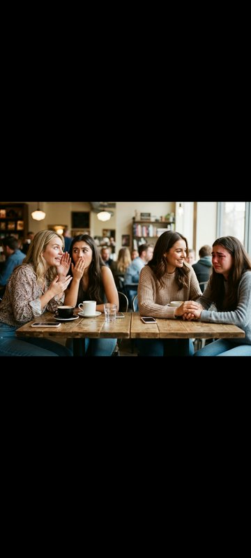Four young women seated at a cozy coffee shop table, two whispering gossip while one comforts her...