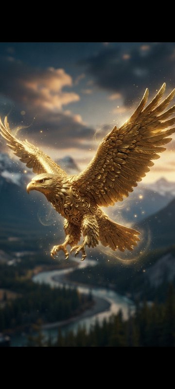 Intricate ornate golden eagle mid-flight with spread wings, glowing with magical sparkles above a...