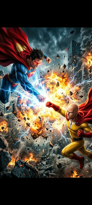 Superheroes Superman and Saitama clash fists mid-air, crackling explosive energy bursting between...