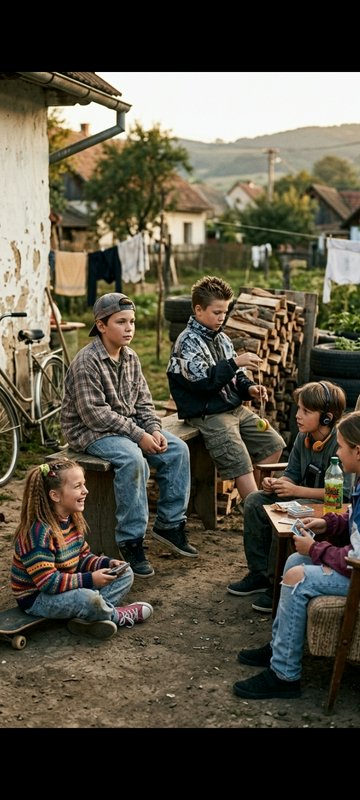 Group of young kids playing games together in a rustic rural village backyard, warm 90s retro aes...