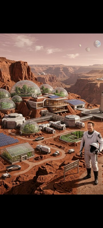 Futuristic Mars colony settlement with domed greenhouses, astronaut in spacesuit, red canyon terr...