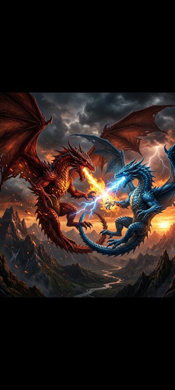 Fiery red fire dragon battles icy blue ice dragon clashing elemental breath attacks above a storm...