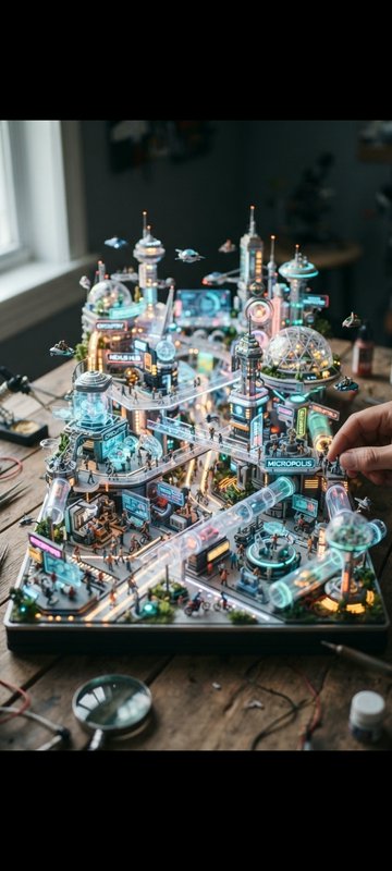 Intricate glowing futuristic sci-fi city diorama on a hobby workbench, a creator's hand adjusting...