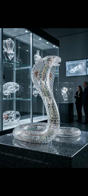 Intricate transparent glass anatomical cobra sculpture displayed on a granite plinth in a modern ...