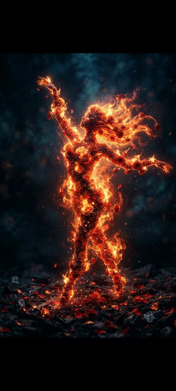 Fiery humanoid dancer formed of glowing flames and rose blooms holds a graceful outstretched pose...