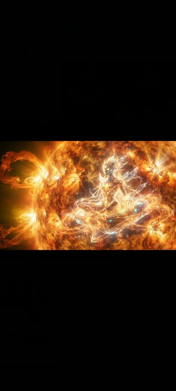 Luminous ethereal fire deity sits in meditation, surrounded by swirling golden solar plasma and b...
