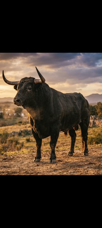 Majestic horned black bull stands on a rural hillside, lit by warm golden sunset light, facing left.