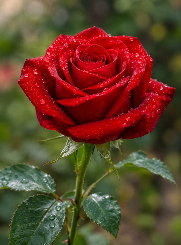 Close-up of a fully bloomed deep red rose covered in glistening water droplets, set against soft ...