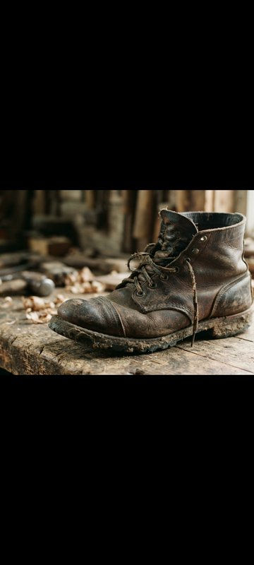 Heavily worn dark brown leather work boot resting on a weathered wooden workbench in a rustic woo...