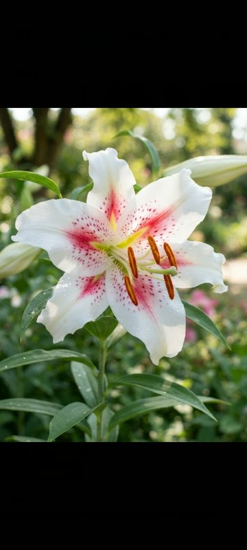 Close-up of a fully bloomed white Stargazer lily with pink spotted centers in a sunlit garden