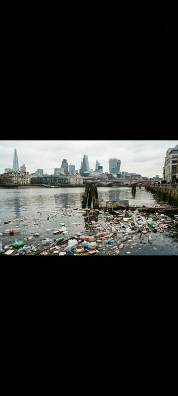 Plastic waste and debris float on the River Thames, with London's city skyline visible in the dis...