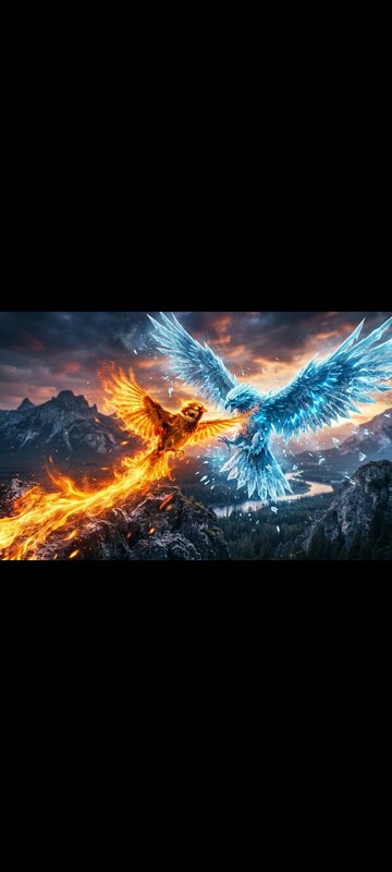Blazing fire phoenix clashes with crystalline ice eagle over a mountain valley at sunset