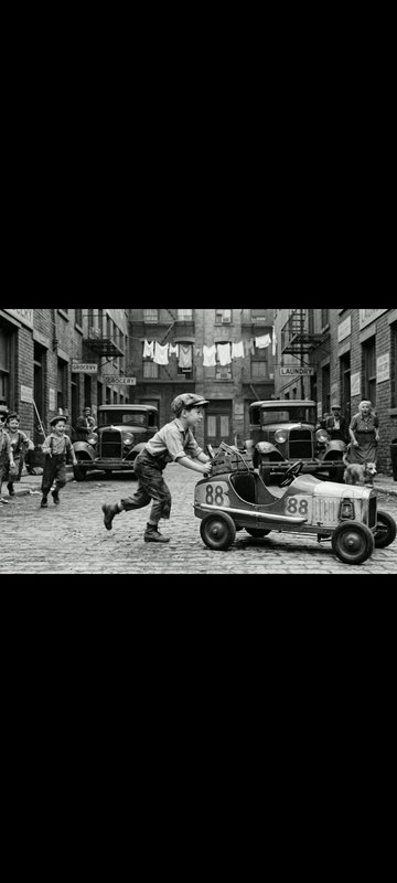 Young boy pushing a numbered toy pedal car down a cobblestone 1930s city tenement street