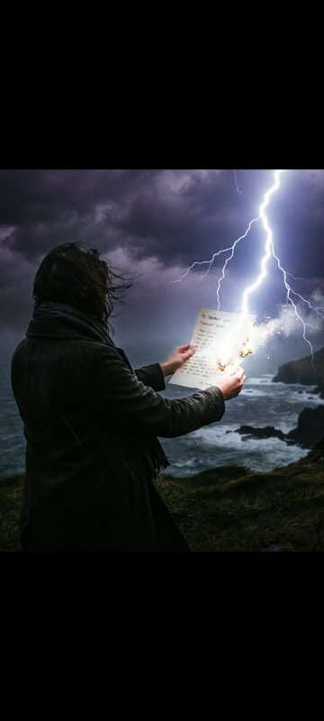 Windswept figure holds a letter struck by lightning on a stormy ocean cliff