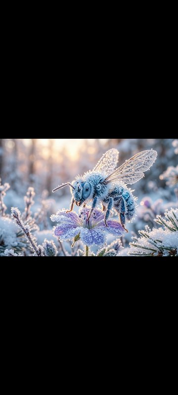 Frost-covered icy blue bee perched on a hoar-frosted purple flower in a sunlit winter landscape