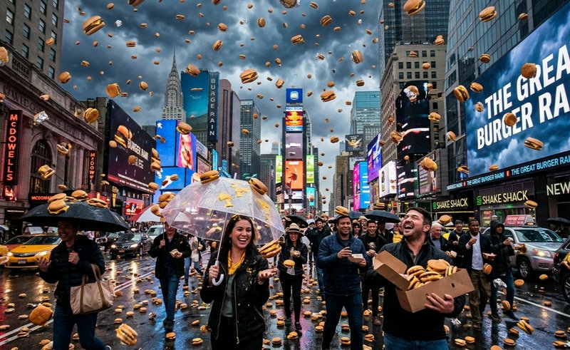 Laughing pedestrians react as cheeseburgers rain from storm clouds over Times Square