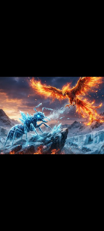 Giant crystalline ice ant confronts a fiery phoenix above a snowy mountain sunset landscape
