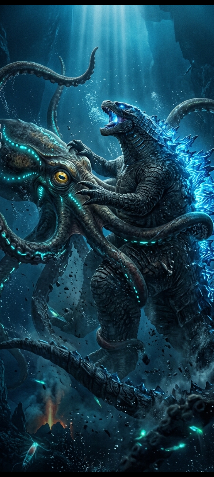 Godzilla grapples with a giant bioluminescent kraken during an epic battle in a deep sunlit underwater cavern.