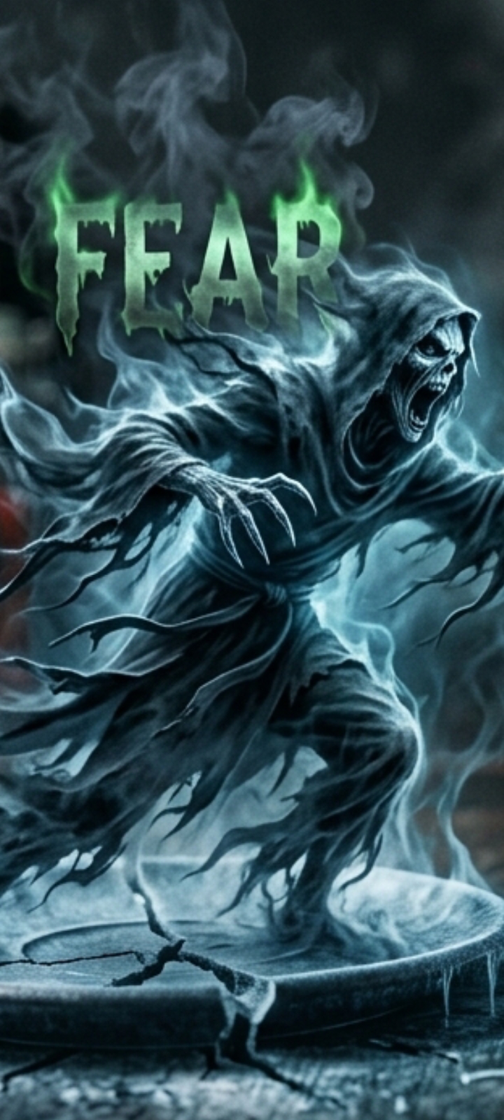 Shrieking hooded wraith looms below glowing green FEAR text on a cracked icy stone pedestal