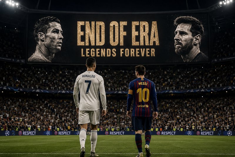 Cristiano Ronaldo and Lionel Messi stand on a soccer pitch facing a stadium screen reading "END O...