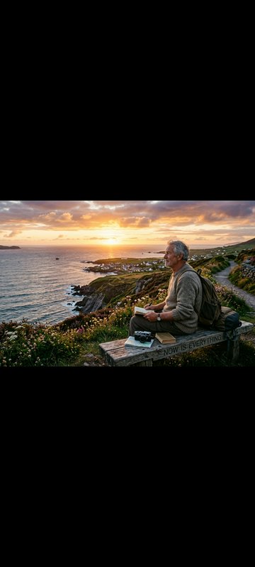 [Senior man journals on a weathered cliffside bench overlooking a glowing coastal ocean sunset and small seaside village]